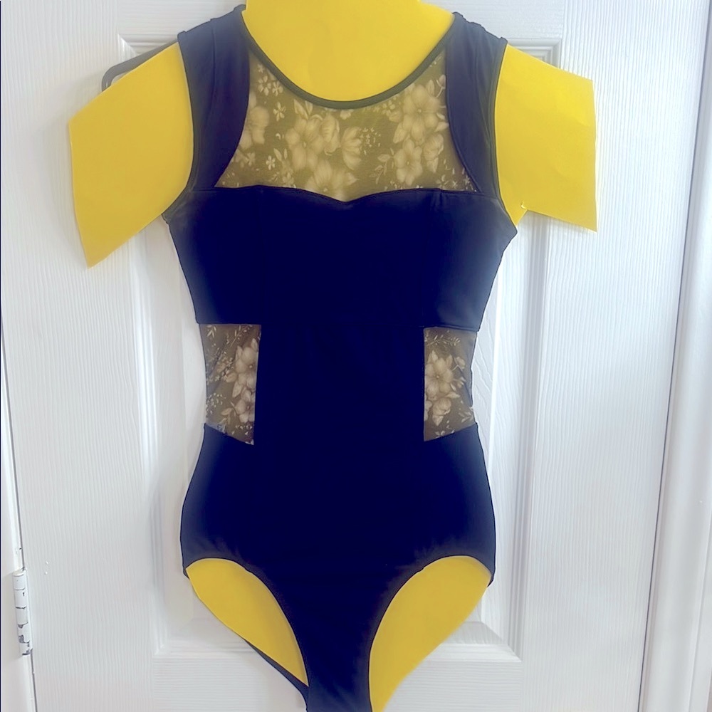 Black with White  Floral Mesh Leotard by Mirella